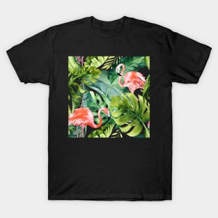 Pink Flamingos / Coral Orange and Dark Green Tropical Foliage T-Shirt